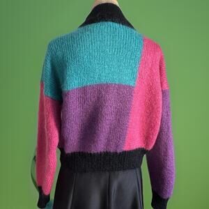 Vintage Colorblock Mohair Sweater Cropped Turtleneck | 80s Ski Mohair Statement